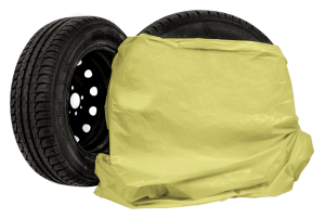 Bags covering car tires.