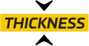 The word 'thickness' in black on a yellow background with arrows above and below pointing to the text.